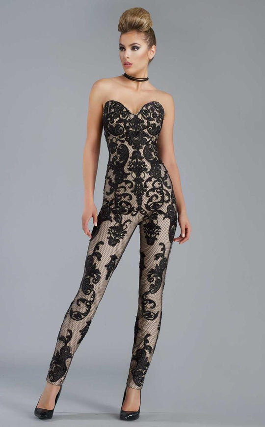 Janique - K6561 Strapless Sweetheart Lace Jumpsuit In Black and Neutral