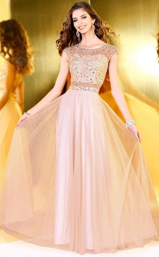 Shail K - Intricately Ornate Sheer Paneled Long Gown with Cap Sleeves 1123 In Pink