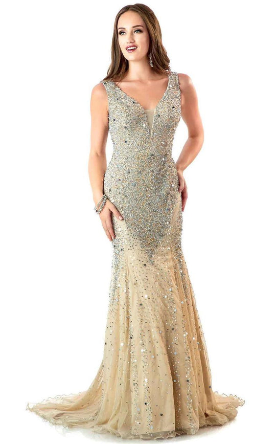Shail K - Star Studded V Neck Long Prom Dress 1143 In Neutral and Silver