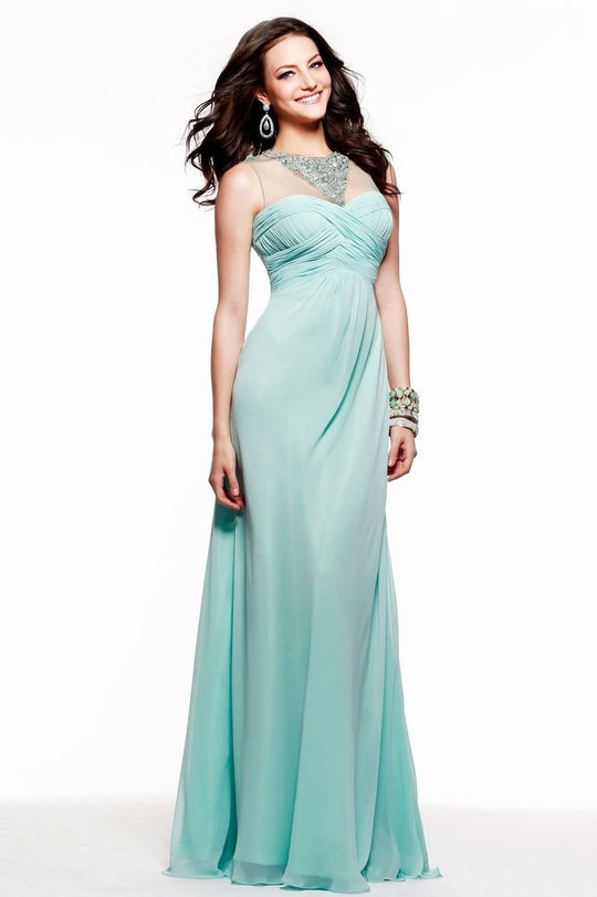 7521 Embellished Jewel Neck Ruched A Line Long Gown