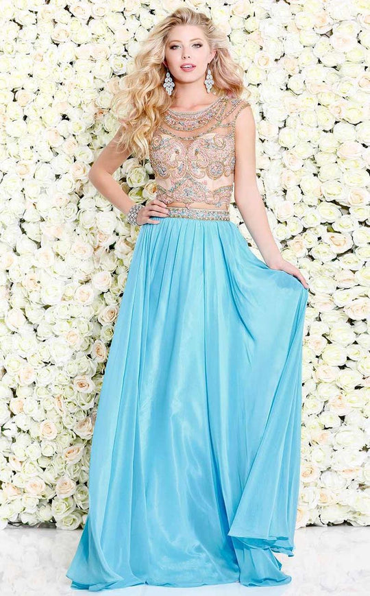 Shail K - Strikingly Embellished Jewel Illusion A-Line Long Gown 4033 In Blue