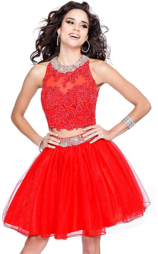 Shail K - Two Piece Beaded Halter Neck Tulle A-line Dress 4035 In Red