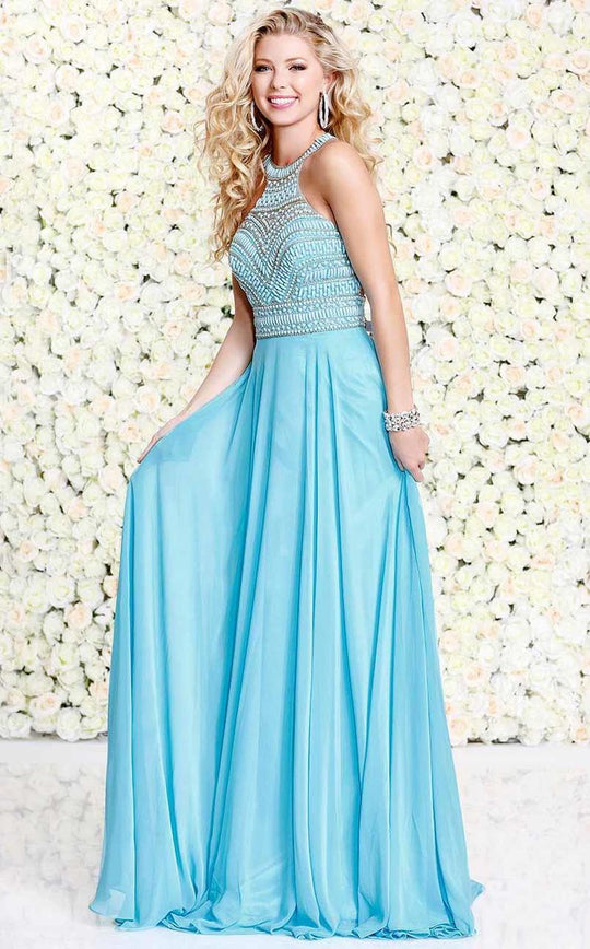 Shail K - Beaded Halter Neck Chiffon A-line Dress 4038 In Blue