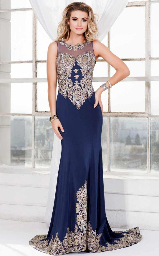 Shail K - Long Illusion Embellished Gown 4048 In Blue