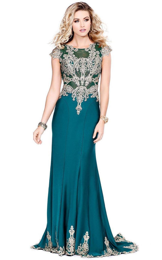 Shail K - Intricate Illusion Baroque Lace Appliqued Sheath Gown 4049 In Green