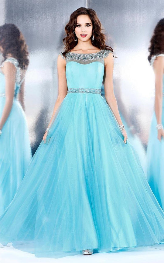 Shail K - Sparkling Scalloped Illusion A-Line Evening Gown 4057 In Blue