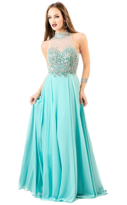 Shail K - Iridescent High Illusion Embellished A-Line Long Gown 4058 In Blue