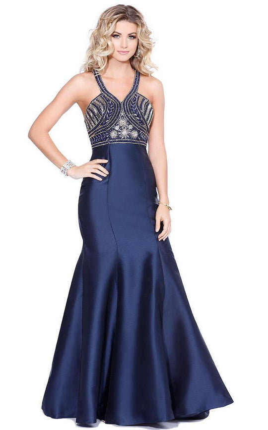 Shail K - Curvy Halter Long Gown 4082 in Blue