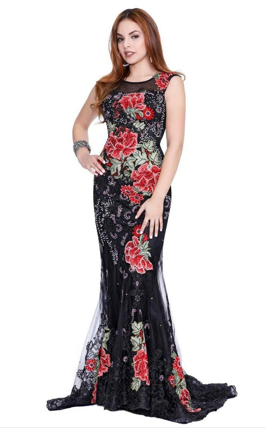 Shail K - Sleeveless Lace Gown with Beaded Floral Print 4092 in Black and Floral