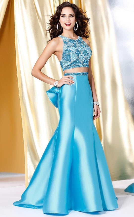 Shail K - Two Piece Formal Dress with Ruffled Bustle 5015 in Blue