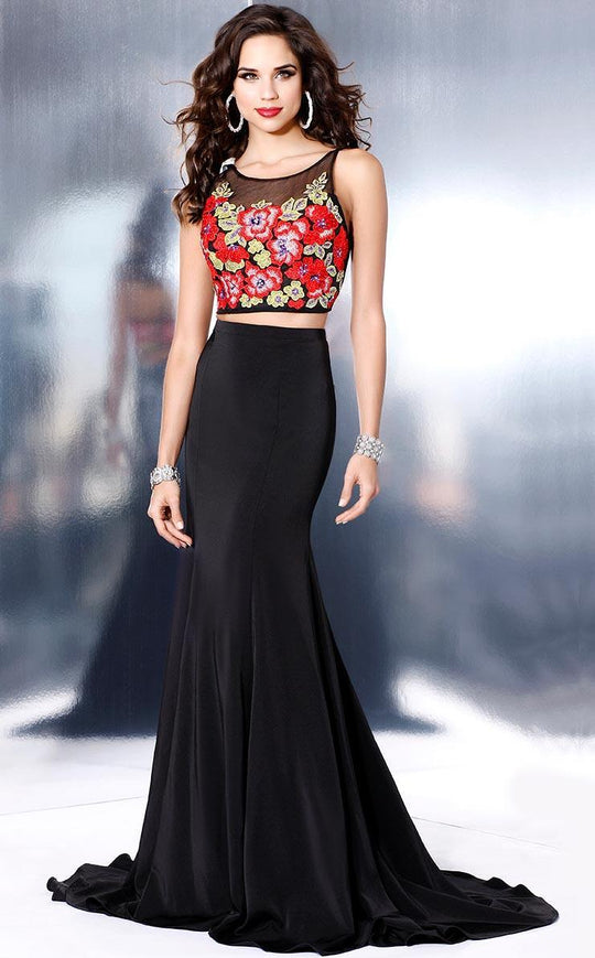 Shail K - Long Two Piece Embroidered Dress 5025 in Black and Floral