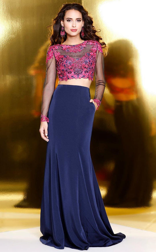 Shail K - Two Piece Long Dress with Long Sleeves 5026 in Pink and Blue