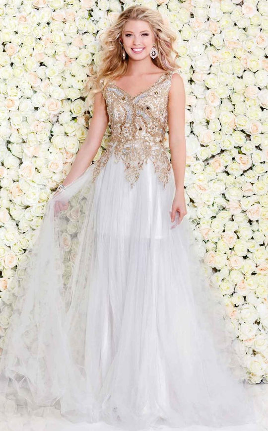 Shail K - Dazzling Embroidered V-Neck Tulle A-Line Dress 5028 in White and Gold