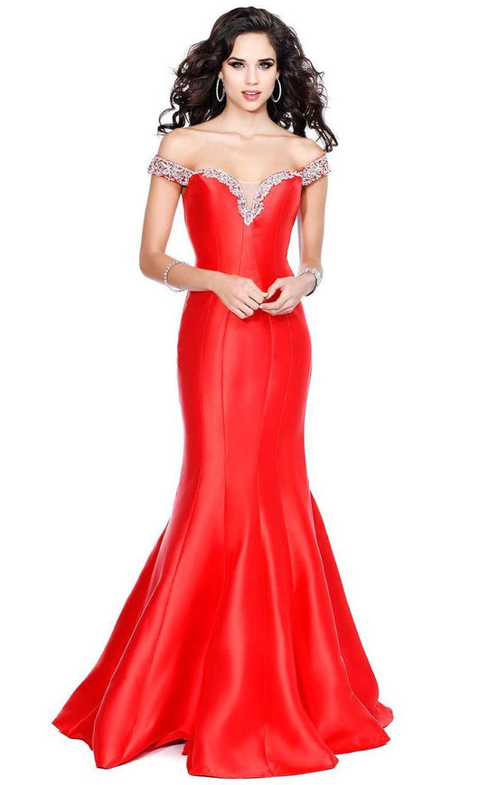 Shail K - Dazzling Jewel Crusted Off-Shoulder Mermaid Gown 40832 In Red