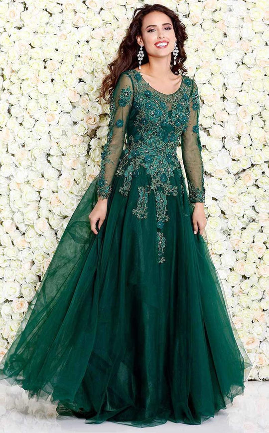 Shail K - Embroidered and Beaded Long Sleeve Scoop Neck Tulle A-line Gown 50192  In Green