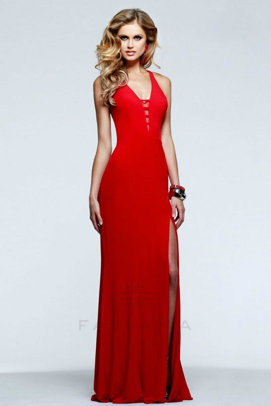 7540 V-Neck Long Evening Dress with Cut-Out Back