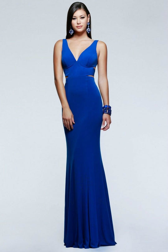 Faviana - 7541 V-Neck Evening Dress with Side Cutouts  in Blue