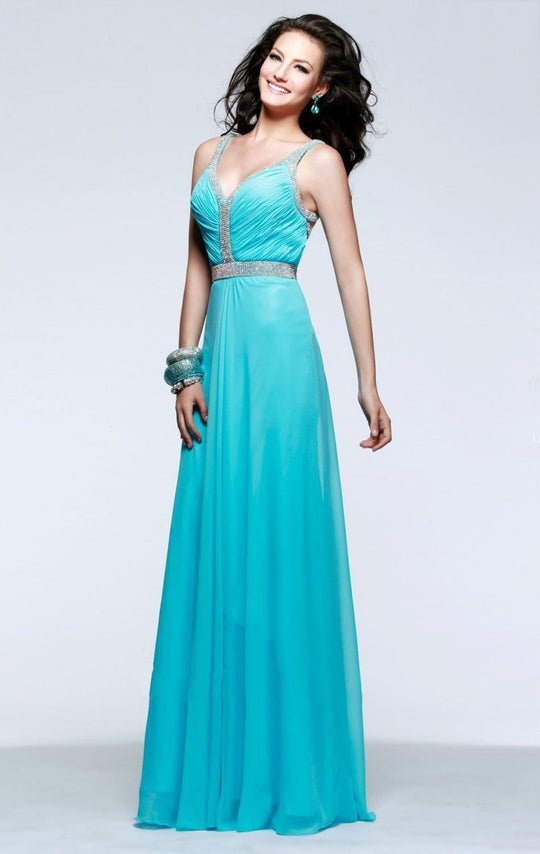 Beaded Shirred V-Neck Evening Gown 7552
