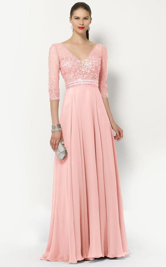 Alyce Paris - Quarter Sleeve Embellished Tulle Gown in Pink