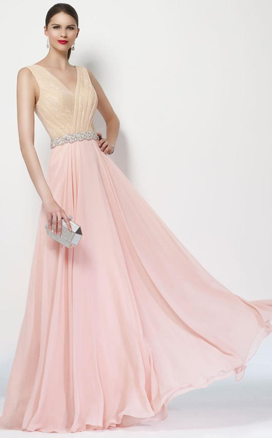 Alyce Paris - Rhinestone Belt V Neck Evening Gown in Pink