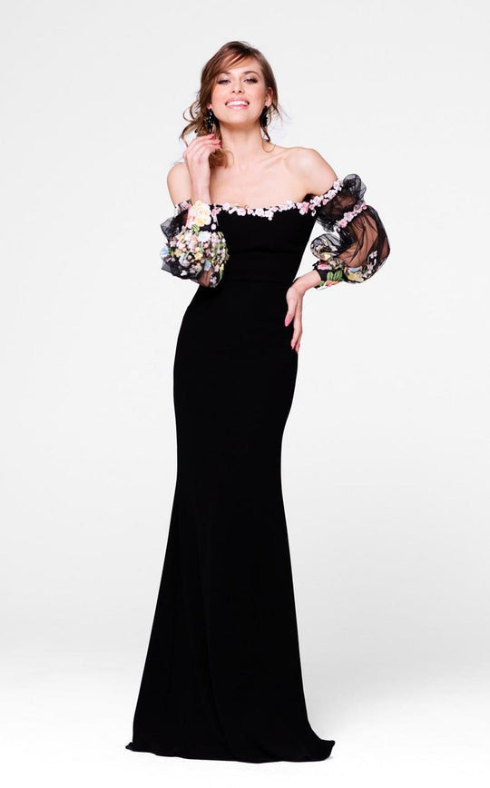 Tarik Ediz - Off-Shoulder Floral Trimmed Gown  in Black