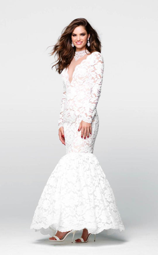 Tarik Ediz - Lace Illusion High Neck Mermaid Dress 50050 in White
