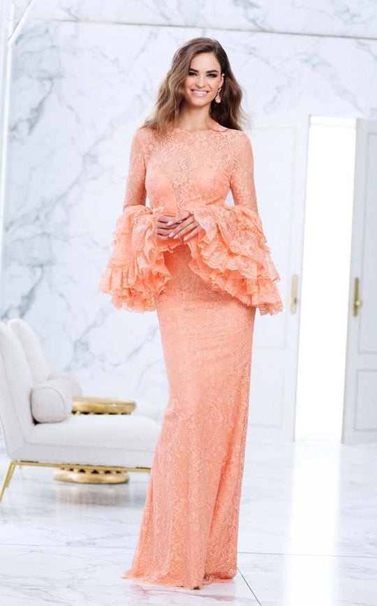 Tarik Ediz - 50062 Ruffled Bell Sleeve Illusion Gown In Orange