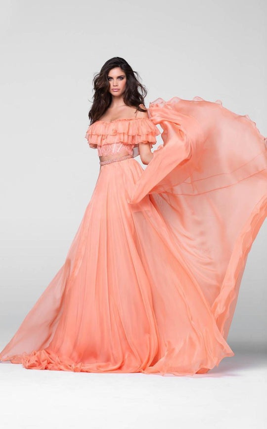 Tarik Ediz - Beaded Off The Shoulder A-line Dress 50064 in Orange