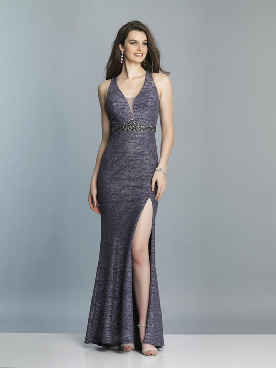Dave & Johnny - A7572 Embellished Deep V-neck Trumpet Dress With Slit In Gray