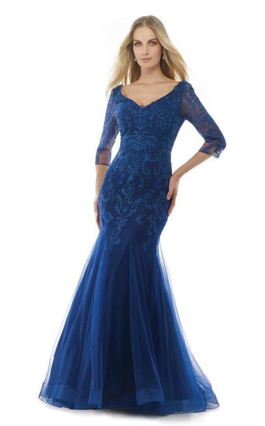 Morrell Maxie - 15604 Quarter Sleeve Jeweled Lace Gown In Blue