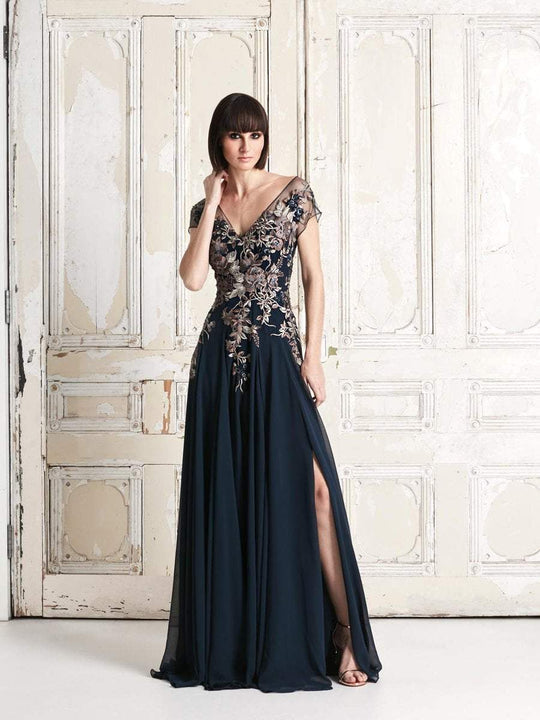 Daymor Couture - 758 Floral Embroidered Wide V-neck A-line Dress In Blue