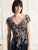 Daymor Couture - 758 Floral Embroidered Wide V-neck A-line Dress In Blue