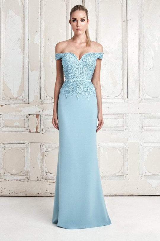 Daymor Couture - 759 Jeweled Embroidered Lace Off Shoulder Gown In Blue