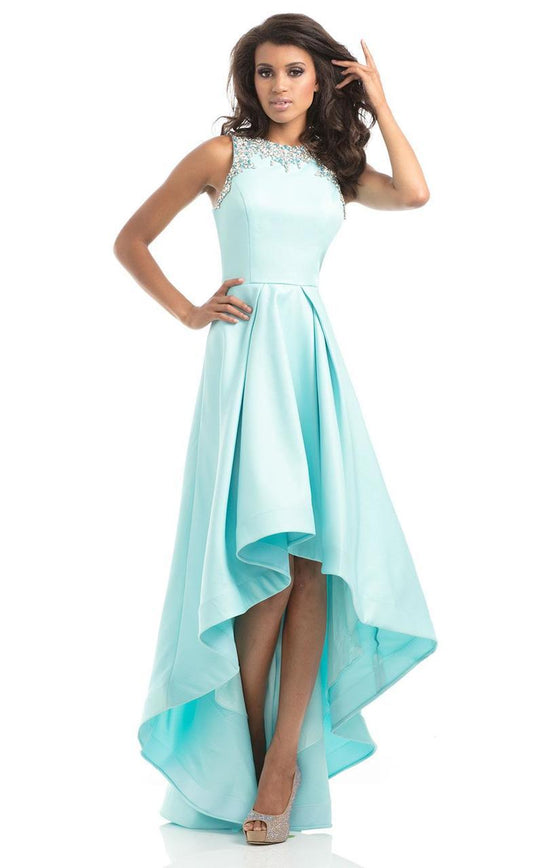 Johnathan Kayne - 7004 Crystal Accented High Low A-line Dress in Blue and Green