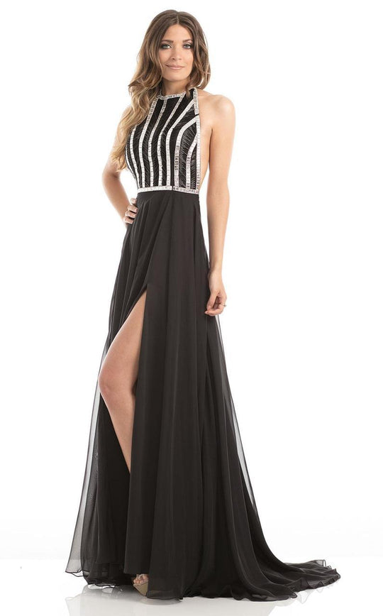 Johnathan Kayne - 7011 Bedazzled Halter A-line Dress in Black