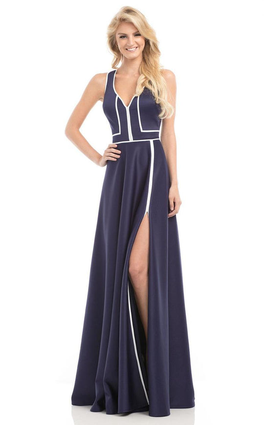 Johnathan Kayne - 7021 V-neck Jersey A-line Dress in Blue and White