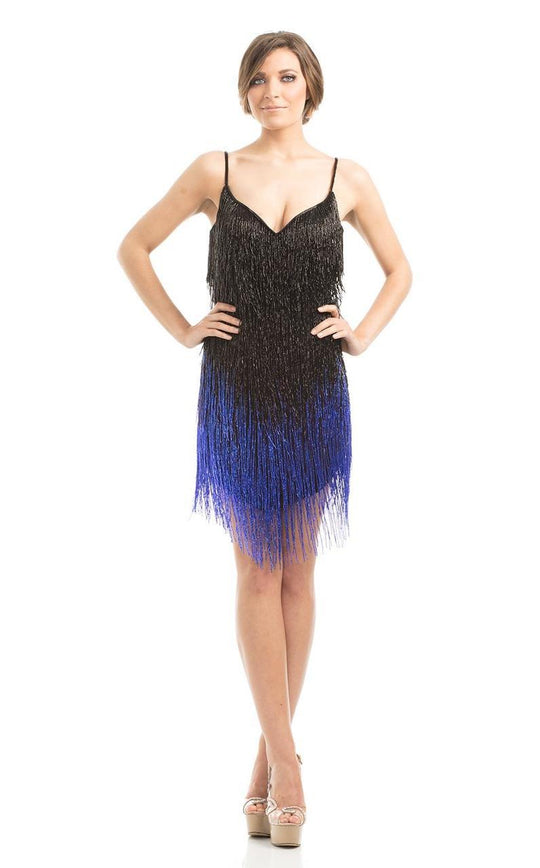 Johnathan Kayne - 7024 V-neck Fringe Sheath Dress in Black and Gold