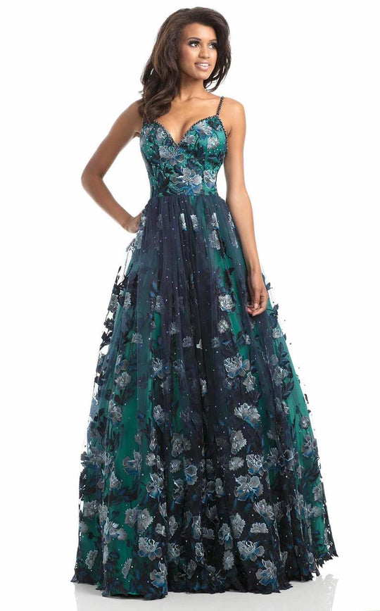 Johnathan Kayne - 7036 Graphic Floral Applique A-line Gown in Blue