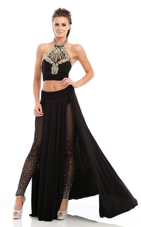 Johnathan Kayne - 7053 Two-Piece Sparkling Halter with Leggings in Black and Gold