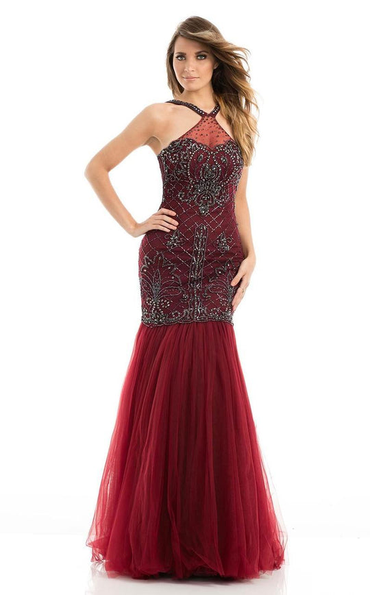 Johnathan Kayne - 7060 Beaded Halter Trumpet Dress in Burgundy