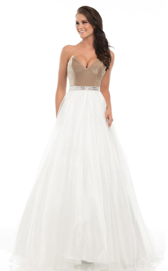 Johnathan Kayne - 7077 V-neck Organza Ballgown in Neutral and White