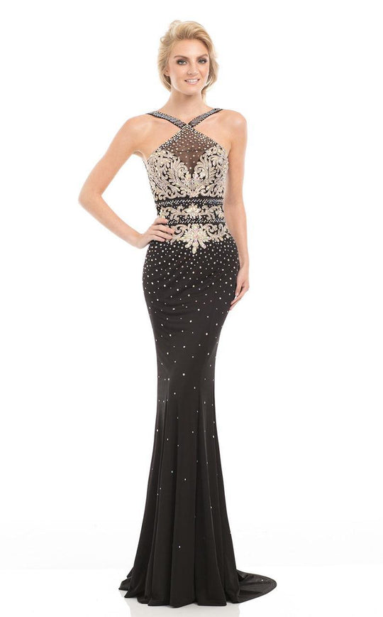 Johnathan Kayne - 7079 Two-Piece Convertible Beaded Halter Gown in Black and Gold