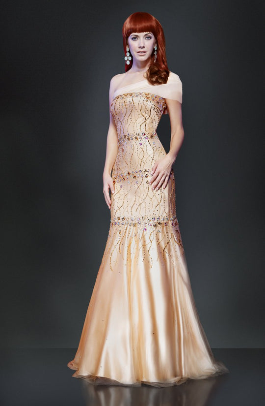 MNM Couture - 7614W Asymmetrical Bejeweled Elegance Evening Gown  In Cham