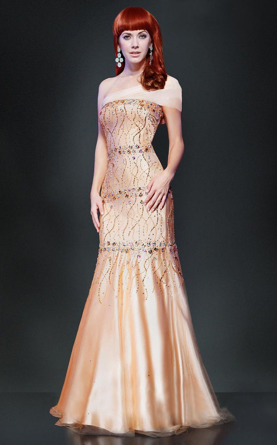 MNM Couture - 7614 Asymmetrical Bejeweled Elegance Evening Gown in Pink