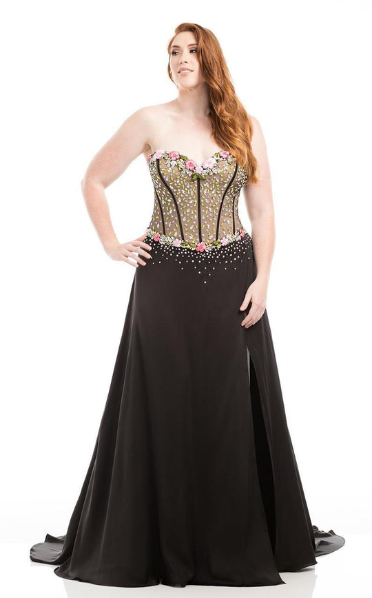 Johnathan Kayne - 7066K Corset-Style Strapless Gown in Black and Neutral