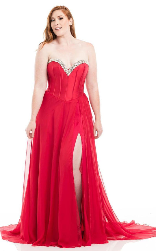 Johnathan Kayne - 7076K Bejeweled Strapless Evening Gown in Red