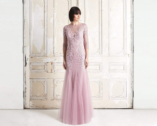 Daymor Couture - 761 Embroidered Illusion Bateau Trumpet Dress In Pink