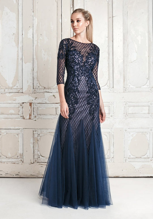 Alexander by Daymor - 761 Embroidered Illusion Bateau Trumpet Dress In Blue