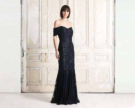 Daymor Couture - 762 Sequined Lace Off-Shoulder Sheath Dress In Blue