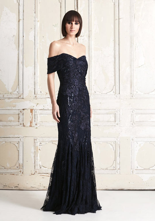 Alexander by Daymor - 762 Sequined Lace Off-Shoulder Sheath Dress In Blue